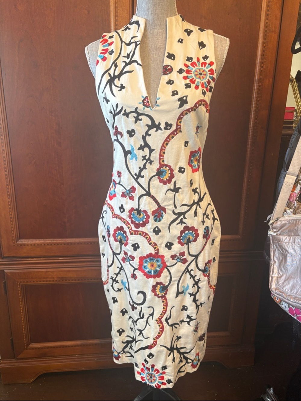 Alice + Olivia Cream Midi Dress with Multicolor Floral Embroidery